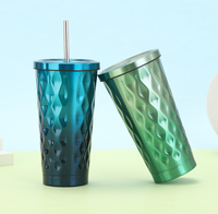 Gobelet isotherme en acier inoxydable à double paroi de 500 ml avec paille, motif losanges dégradés, vente en gros