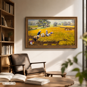 Peinture à l'huile sur toile faite à la main représentant une récolte de riz dans un champ agricole du Vietnam, service OEM ODM, modèle SD25-20 - Product Image 3