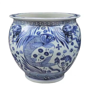 Grande <span class=keywords><strong>jardinière</strong></span> en céramique chinoise antique peinte à la main motif <span class=keywords><strong>de</strong></span> poisson bleu et blanc Pots <span class=keywords><strong>de</strong></span> fleurs et jardinières d'intérieur et d'extérieur - Product Image 5