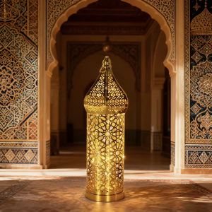 Full <strong>Gold</strong> Islamic Hollowed <strong>Lantern</strong> Traditional Pattern Decorative Wind Lamp Flashing Light for Indoor Use Ramadan Eid Home - Product Image 3