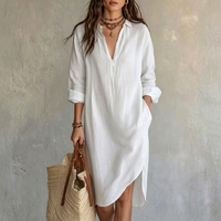 Robe chemise en lin unie avec col cranté, décolleté en V profond, manches retroussées, tenue décontractée pour femme, coupe ample, longueur genou