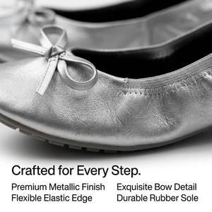 Zapatos Planos de <span class=keywords><strong>Ballet</strong></span> Plegables para Mujer con Logotipo Personalizado al por Mayor, Zapatos Metálicos Plateados Enrollables para Viaje, con Lazo Decorativo y Bolsa Portátil - Product Image 6