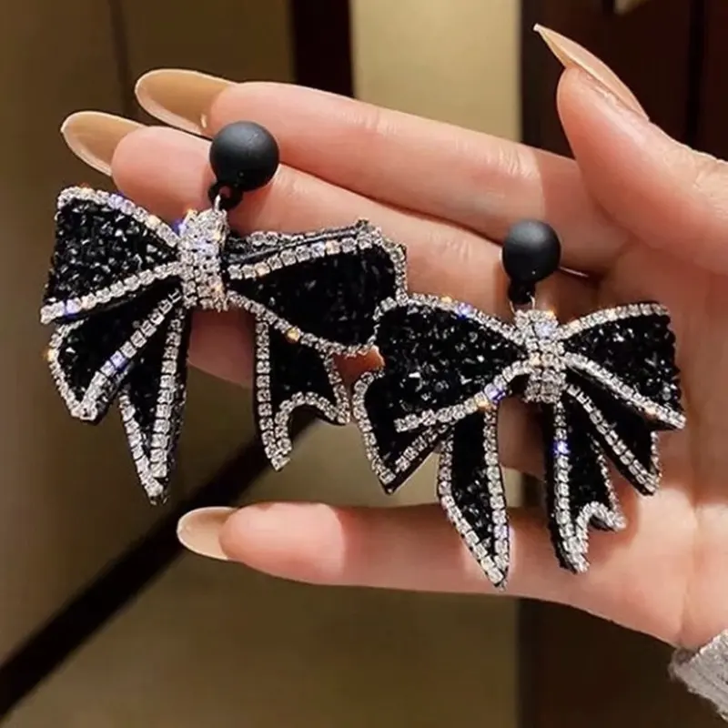 Fashion Summer Big Black Bow Earrings Jewelry Women's Bling Rhinestone Crystal Earrings Gift Crystal Bowknot Earrings