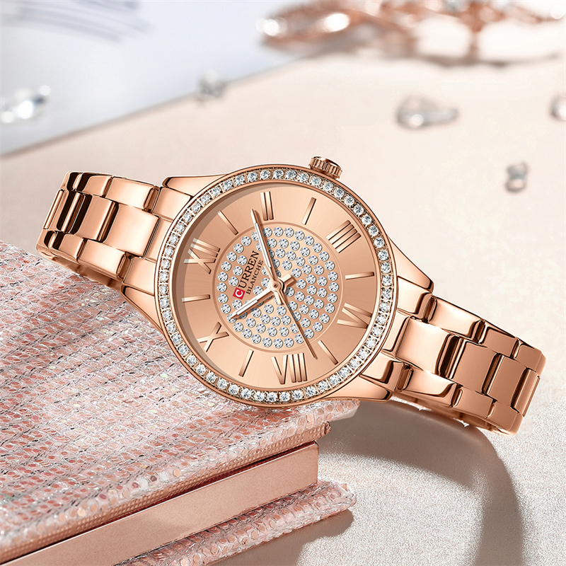 Orologio Da Polso Donna Alla Moda, Cinturino In Oro Rosa Acciaio, Quadrante Rotondo Con Strass, Movimento Al Quarzo, Ideale Per Regalo E Uso Quotidiano