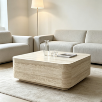 Table basse carrée en travertin naturel massif, bord arrondi, table centrale en pierre pour salon, villa, hôtel, décoration intérieure