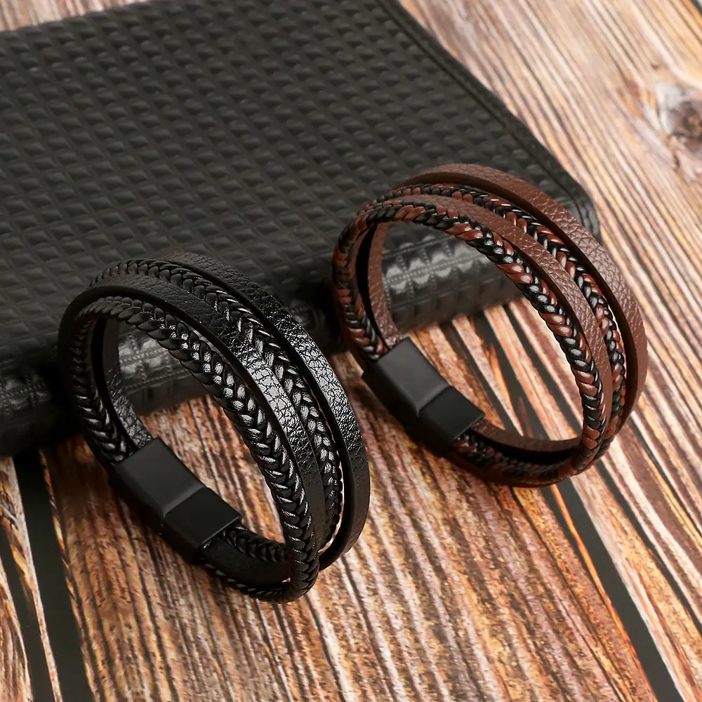 Hot Selling Mens Leather Bracelet with Magnetic Clasp Multi-Layer Braided Leather Mens Bracelets