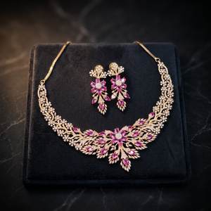Parure de bijoux de mariée de luxe en laiton plaqué rhodium avec pierres CZ roses en forme de fleur, collier ras-du-cou et longues boucles d'oreilles pendantes pour mariage, fiançailles et fête - Product Image 1