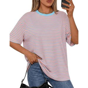 T-shirt rayé à manches courtes et col rond pour femme, haut d'été en coton tricoté surdimensionné, tenue décontractée - Product Image 1