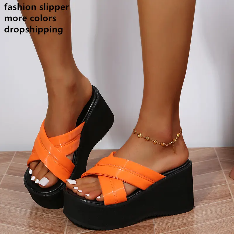 2022 High Quality Fashion Women High Block Heels Slippers Sexy Summer new Multicolor Wedge Flip Flops sandals
