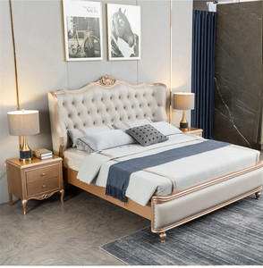 Lit capitonné de luxe en bois sculpté à la française avec rangement, taille King Size, pour chambre principale de villa - Product Image 4