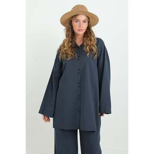 LOREEN Women's Button Detail Oversize Shirt & <b>Pants</b> Two-Piece Set, Comfortable Casual Navy Blue Outfit, Model 20694TKS - Product Image 4