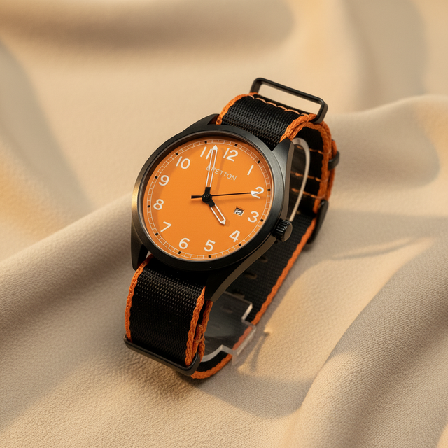 All Black Round Case Watch with Bright Orange Dial Arabic Numerals and Black Nylon Strap with Orange Trim