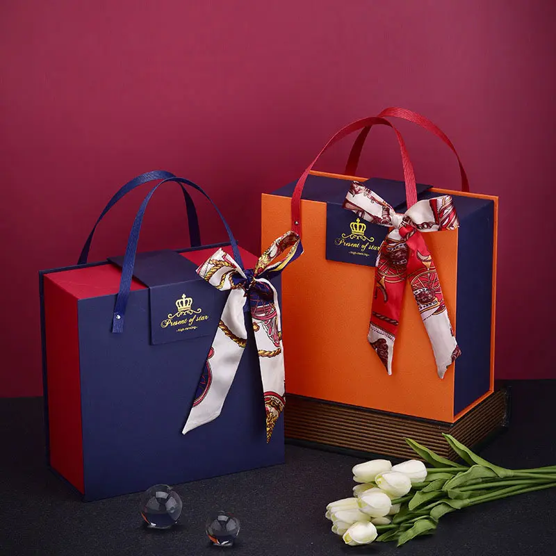 Wholesale Price Luxury Custom Logo orange and blue Magnetic Cardboard Gift Box