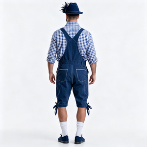 Chemise à carreaux bleu et <span class=keywords><strong>blanc</strong></span> pour homme, broderie bleu foncé, ensemble <span class=keywords><strong>complet</strong></span> Lederhosen, chapeau à plumes, chaussettes blanches, chaussures, tenue bavaroise pour l'Oktoberfest - Product Image 4