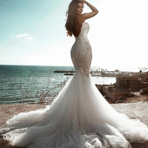Abito da <span class=keywords><strong>Sposa</strong></span> a Sirena Lussuoso e Seducente con Perline, Senza Maniche, Realizzato su Misura per <span class=keywords><strong>la</strong></span> <span class=keywords><strong>Sposa</strong></span> - Product Image 3