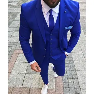Королевский классический синий мужской костюм с отложным воротником, однобортная, с отворотом для свадьбы или торжественного случая, пользовательские Элегантный комплект из трех предметов (пиджак + брюки + жилет + галстук-бабочка)