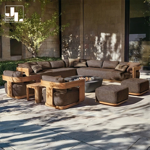 Juego de sofás de <span class=keywords><strong>teca</strong></span> para exteriores de estilo nórdico, muebles de sofá al aire libre de tela impermeable para jardín y Patio de Hotel - Product Image 1