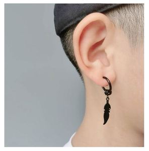 Boucles d'oreilles pendantes vintage en acier inoxydable argenté et noir, motif feuille, style hip-hop, plume, spirale, boucle punk pour femmes et hommes - Product Image 2