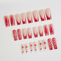 24 faux ongles à presser longs forme cercueil, motif rouge French manucure, fleurs et étoiles dorées, avec lime à ongles, vente en gros et dropshipping