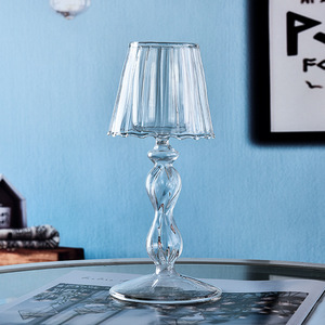 Portavelas Romántico de Cristal, Diseño de Lámpara de Mesa Europea <span class=keywords><strong>con</strong></span> Pantalla Acanalada, Base de Cristal Transparente para Centro de Mesa de Boda y Decoración del Hogar - Product Image 2