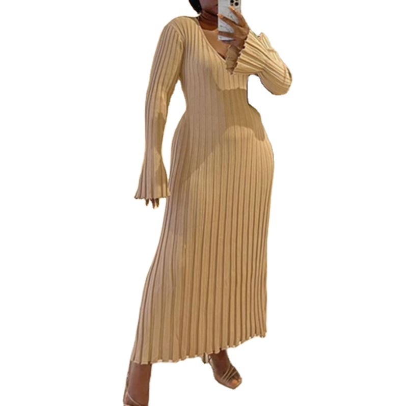 OEM/ODM Hot Sale New Arrival Autumn Women Dress V-Neck Sleeve Bodycon Maxi  Ladies Casual Long Knitted Dresses| Alibaba.com