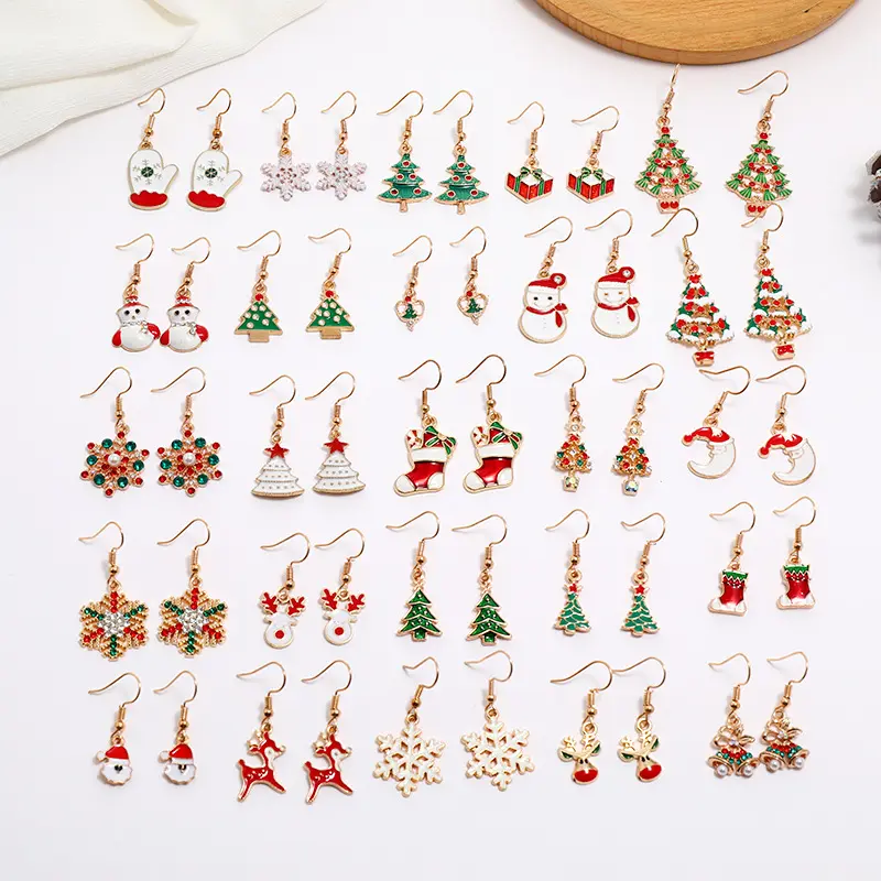 Wholesale Cheap Assorted Christmas Earrings Alloy Rhinestone Enamel Elk Snowflake Christmas Tree Earrings For Girls