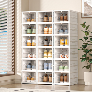 خزانة أحذية عصرية مستطيلة الشكل صديقة للبيئة من البلاستيك الشفاف، قابلة للطي بـ 1/3/6/9 طبقات مع منظم للأحذية الرياضية - Product Image 1