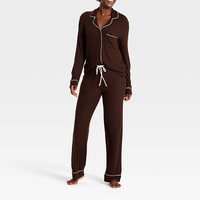 Ensemble pyjama femme en maille gaufrée, haut à col cranté et manches longues, pantalon de jogging à cordon de serrage, passepoil contrastant, vêtements de nuit et de détente pour femme