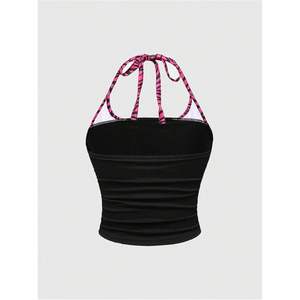 Top Halter Personalizado para Mujer, Talla Grande, Corto, Tejido, con Pedrería, Estrella, Fruncido, Sin Mangas, Estilo Camiseta - Product Image 2