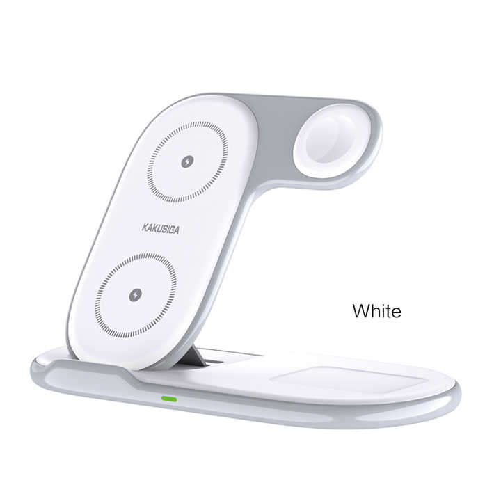 Încărcător wireless de 15W, tip stand, pliabil, de culoare albă.