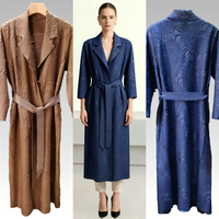 Manteau long ouvert en jacquard floral abricot minimaliste de haute qualité, manches 3/4, col en V, vêtement d'extérieur simple et modeste, manteau de luxe pour femmes