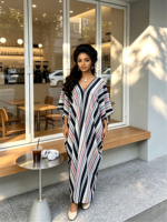 Robe Abaya de Soirée Ample à Manches Chauve-Souris Rayées Contrastées avec Foulard, Kaftan Long Musulman Tendance pour la Vente en Gros