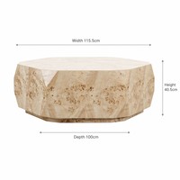 Table basse de luxe en bois de burl facetté, table centrale octogonale sculpturale rustique et créative