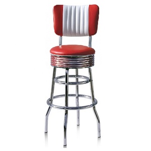 <span class=keywords><strong>Chaise</strong></span> <span class=keywords><strong>de</strong></span> <span class=keywords><strong>bar</strong></span> style américain rétro des années 1950, siège en cuir PU, dossier à rayures colorées, structure en acier inoxydable, design mid-century pour salle à manger - Product Image 1