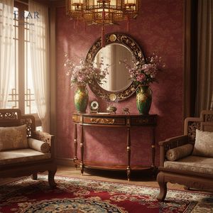 Table console demi-lune EKAR Regency avec marqueterie en bois de ronce et accents dorés - Product Image 4