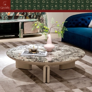 Mesa de Centro GOLDKING de Lujo para Área de Descanso, Mármol Blanco Crema con Vetas de Carbón y Parches Marrones, Base de Cuero en Forma de U, Borde Pulido CNC - Product Image 6