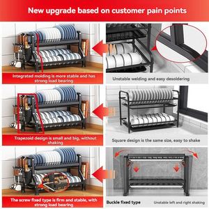 Modern Eco Friendly Double Tier Carbon Steel Metal Multifunction <b>Kitchen</b> Sink <b>Rack</b> Dish Drying Chopsticks Cleaning Tools <b>Storage</b> - Product Image 6