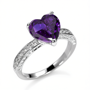 Bague de fiançailles en acier inoxydable pour femme, sertie de strass en cristal en forme de cœur et d'améthyste, pierre de naissance de février, romantique - Product Image 3