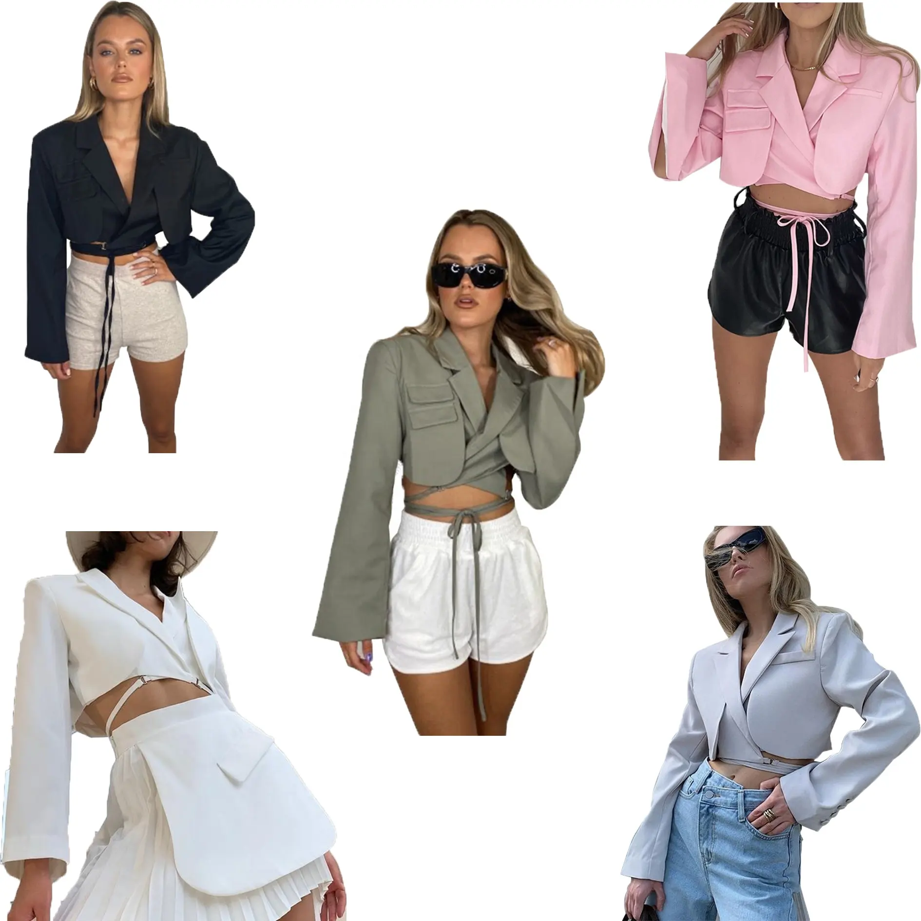 2021 Fall Fashion Solid Bandage Blazer Vrouwen Notched Kraag Met Lange Mouwen Pak Jas Dames Casual Losse Cropped Blazers Jas