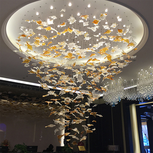 Luminária pendente de vidro grande para lobby de hotel, lustre moderno de folha de bordo com LEDs personalizados para salão de beleza e escadas