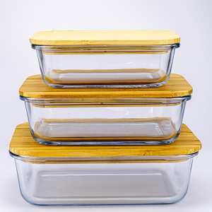 Wholesale borosilicate glass food storage container set with airtight leak-proof bamboo wood lid for oven microwave donkey