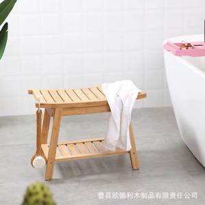 Tabouret de salle de bain en bambou Odley, banc de douche en bois massif avec étagère de rangement, siège de bain multifonctionnel - Product Image 2