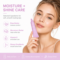 Baume à lèvres brillant OEM sous marque privée, effet gelée, au beurre de karité et de murumuru, teinte transparente, hydratant, tube souple
