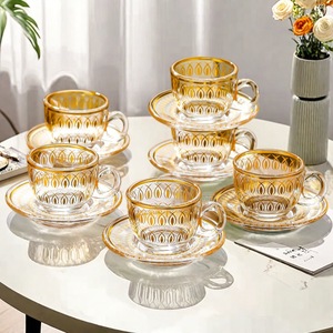 Transparent Gold Painted Glass <b>Tea</b> <b>Cup</b> <b>Set</b> With Saucers For Afternoon <b>Tea</b> And Coffee Serving Adult Use - Product Image 1
