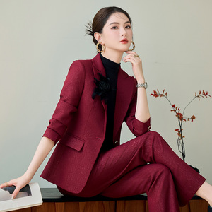 Women's Burgundy Suit Set Long Sleeve Slim Fit Formal Wear For Presenters Anti-Wrinkle Diamond Pattern Polyester Fabric - Product Image 3