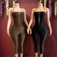 Atasan Crop Top Lengan Pendek Transparan Peeqi dan Celana Pendek/Capri Kulit PU / Set 2 Potong Pakaian Wanita Seksi Kasual