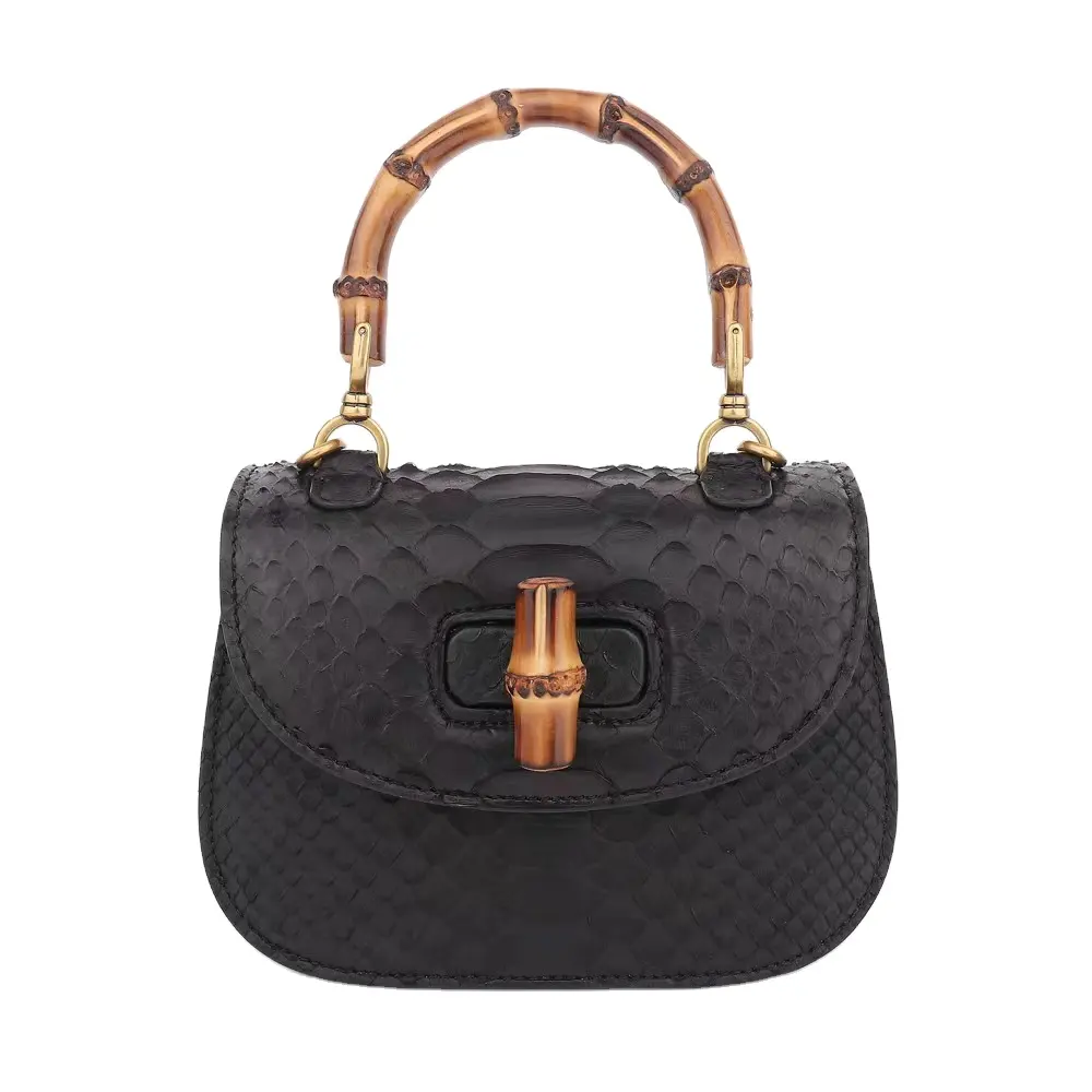 Sac à main en cuir véritable lisse peau de crocodile pour femme, sac à bandoulière de luxe avec poignée en bambou