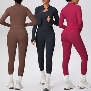 YIYI Ensemble de yoga 3 pièces à séchage rapide pour femme, col montant, manches longues, tenue de yoga asymétrique à une épaule, taille haute, contrôle du ventre, tenue de sport - Product Image 1