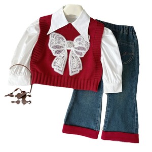 2025 Korean Bow Red Strickweste Weiß Langarmhemd Jeans hose Set Sweet Spring And Autumn Dreiteiliges Set