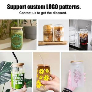 Vaso de cóctel personalizado con logo de 16 oz, tazas de café helado, vasos con forma de cerveza, vasos de vidrio de 16 oz con tapas de bambú y pajita - Product Image 5